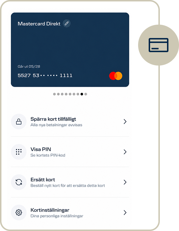 Skärmbild från mobilbanken som visar bankkort.
