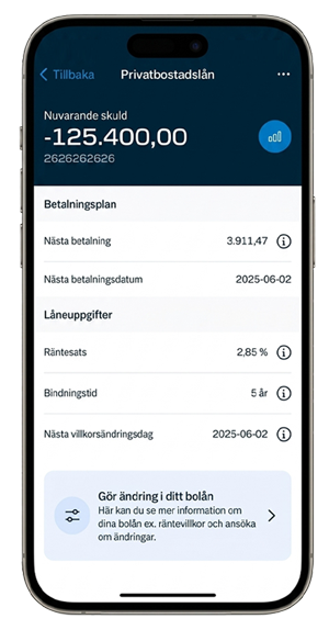 Skärmbild från mobilbanken med privatbostadslån.