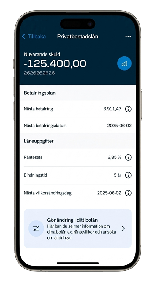 Skärmbild från mobilbanken med privatbostadslån.