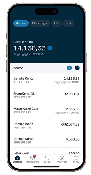 Skärmbild från mobilbanken med konton.
