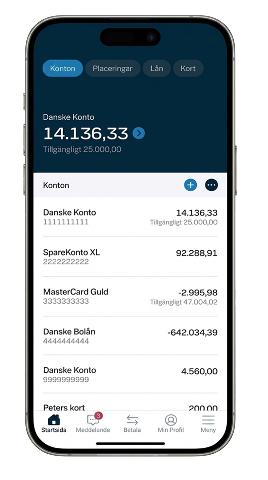 Skärmbild från mobilbanken med konton.