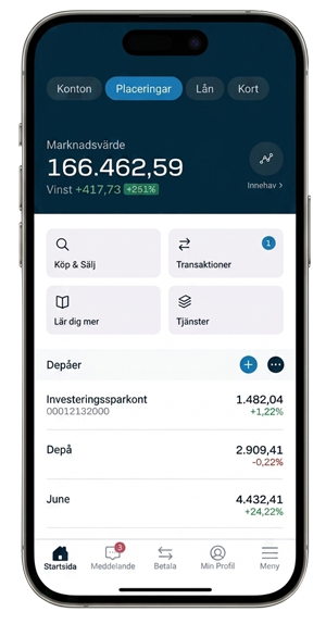 Skärmbild från mobilbanken med placeringar.