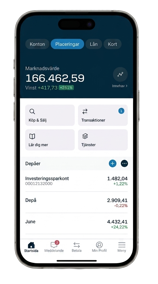 Skärmbild från mobilbanken med placeringar.