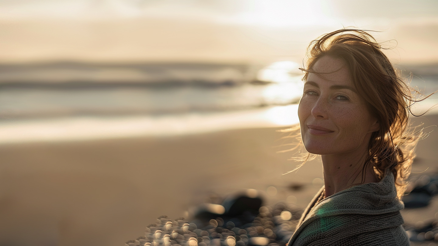 En person står vid en strand med solen som går ned över havet i bakgrunden.