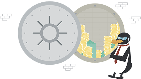 illustrerad pingvin vid öppen bankvalv